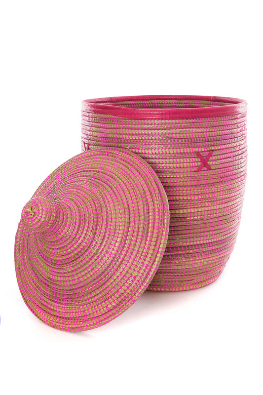 Pink Hamper Basket with Leather Trim