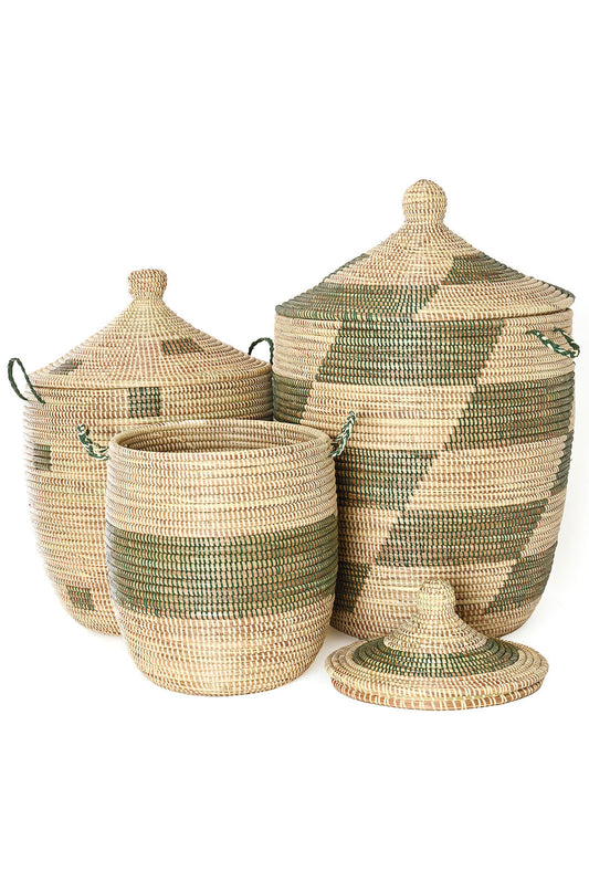 Set of Three Green and Cream Mixed Pattern Hampers