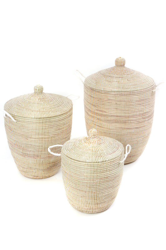 Set of Three Solid White Hampers