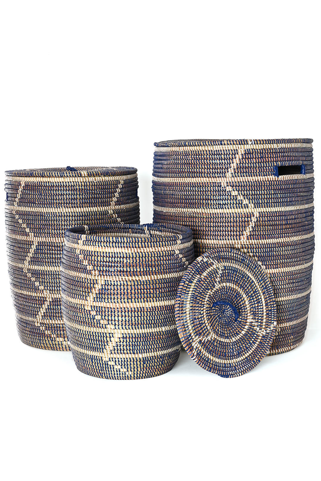 Set of Three Blue and White Beveled Block Nesting Hamper Baskets