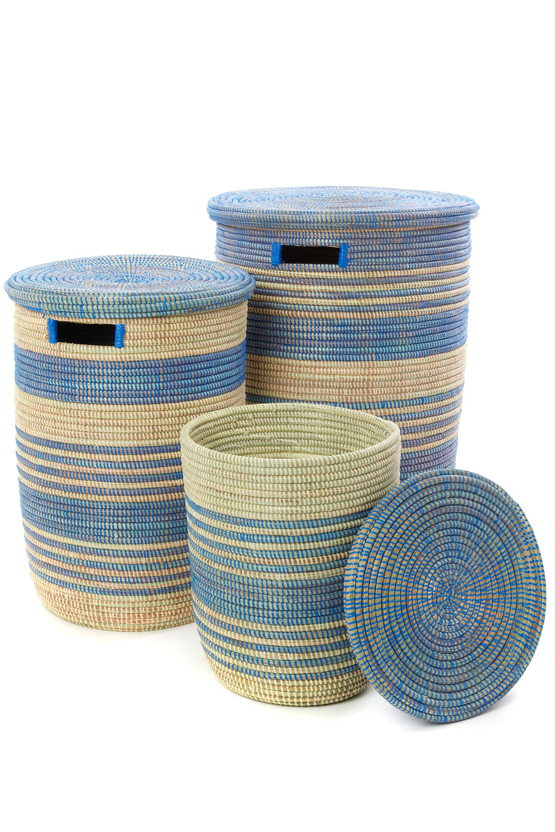 Set of Three Blue Ebb & Flow Striped Hampers